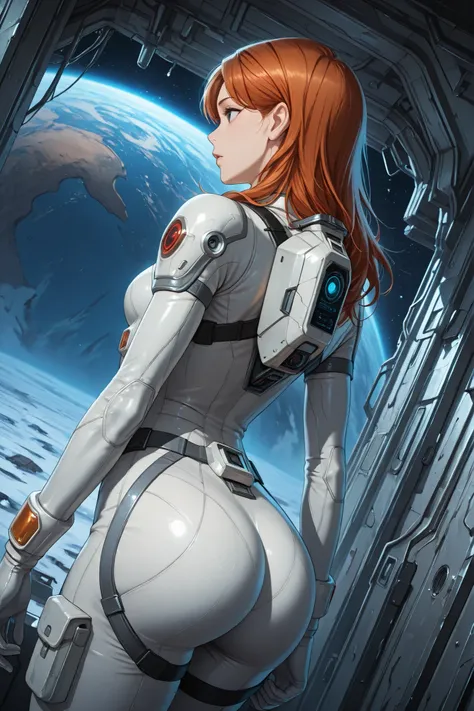 high resolution images, masterpiece, Highest Quality, amazing quality, official art, Highly detailed, Wallpaper, 1 girl, slim frame, A very attractive and slim woman wearing a tight spacesuit walks in an abandoned planet, view from the side, ass, dynamic a...