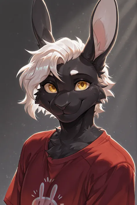 Mekaska, by Mekaska, medium portrait, masterpiece, high quality, detailed, best quality, soft lighting, soft shading, furry, anthro, solo, 1boy, male, rabbit, black fur, yellow eyes, white hair, short hair, red t-shirt, happy, mouth closed, looking at the ...