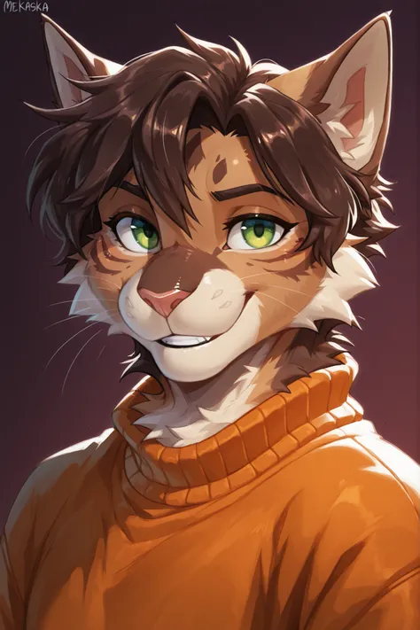 Mekaska, by Mekaska, medium portrait, masterpiece, high quality, detailed, best quality, soft lighting, soft shading, furry, anthro, 1boy, male, solo, cat, brown fur, facial markings, green eyes, orange sweater, dark brown hair, looking at the viewer, smil...