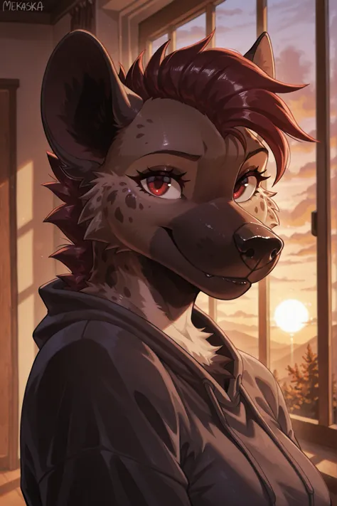 Mekaska, by Mekaska, medium portrait, masterpiece, high quality, detailed, best quality, soft lighting, soft shading, furry, anthro, 1girl, female, solo, hyena, brown fur, spots, dark red eyes, dark gray sweatshirt, happy, mouth closed, looking at the view...