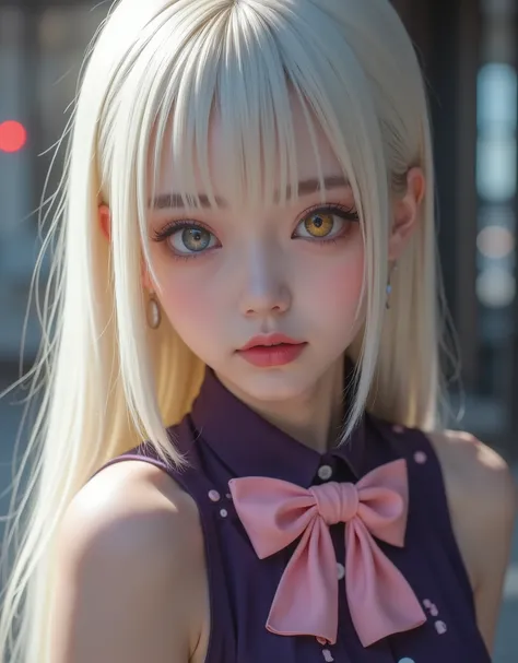 close up (hyperrealistic) by Elizabeth Liones,((white hair)),ultra-detailed eyes with ((heterochromia)) yellow gold and blue,emphasized bust,her outfit is a tight sleeveless dark purple shirt with its back exposed with white buttons,Wear a (pink bow tie),H...