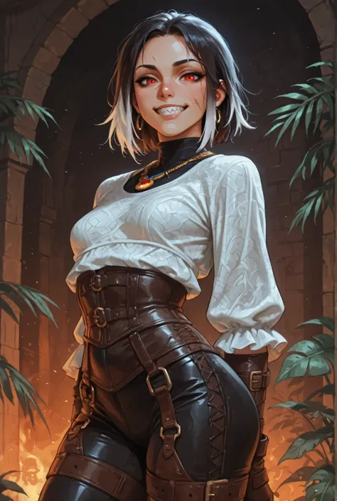 She looks like a mix of Cammy and Elena from Streetfighter VI and has a horizontal scar across her nose. Sleek body and sleek face. She has long white and black dreadlocks,, red eyes, slanted Asian eyes, sharp teeth, black eyeliner, athletic body. Slender ...