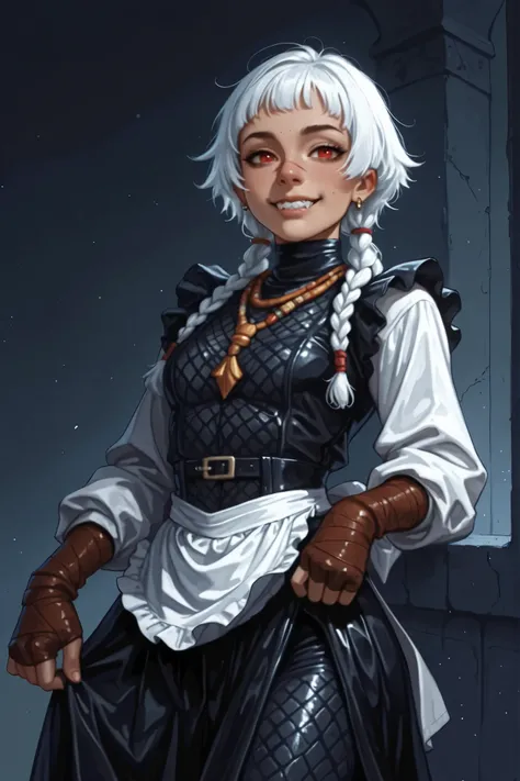 She looks like a mix of Cammy and Elena from Streetfighter VI and has a horizontal scar across her nose. Sleek body and sleek face. She has long white and black dreadlocks,, red eyes, slanted Asian eyes, sharp teeth, black eyeliner, athletic body. Slender ...