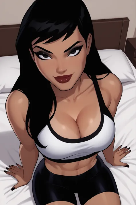 BREAK, score_6_up, score_7_up, score_8_up, score_9, 1girl, solo, Drlight, long hair, black hair, black eyes, lipstick, makeup, dark-skinned female,  large breasts, busty, cleavage, curvy, athletic, midriff, looking at viewer, seducing viewer, teasing viewe...