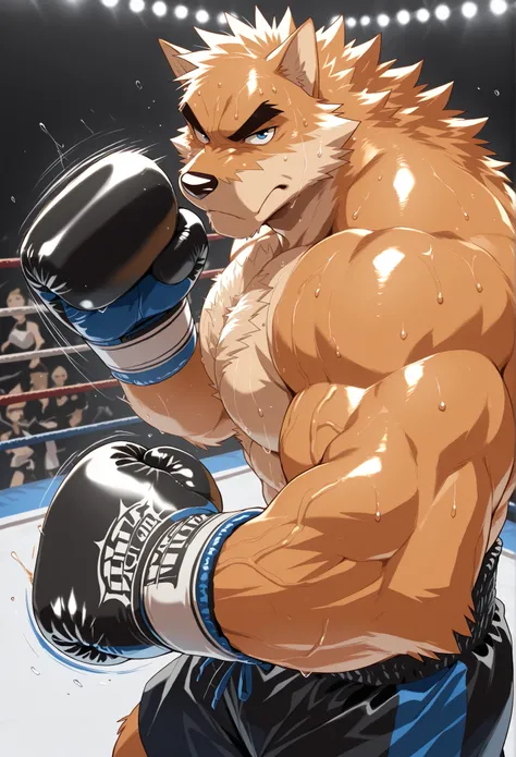Realistic like a real photo style, pov_boxing, Otake Takemoto strengthful predator heavy wait boxing champion, orange fur, sharp blue eyes, thick eyebrows, thick chest hair, thick public hair, fiercely barrage of punching_the_viewer, foreshortening, motion...