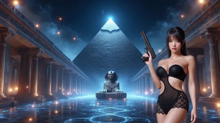 ((photo-realistic)), a sexy large-breast:1.1 Japanese woman, facing camera, cleavage, (((side boob))), hip up, slim face, slim:0.1 body, well-lit face, (((sexy-thigh:1.1, super hot short:0.1 lace transparent dress))), (((aiming with a short:0.1 pistol, bal...