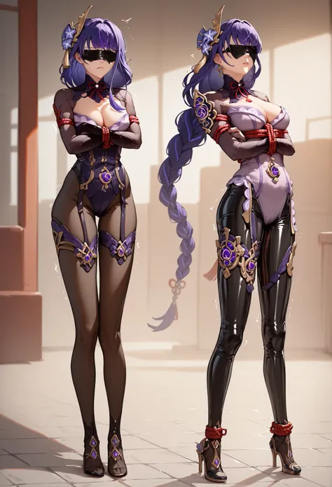 2 girl, Navia (Genshi impact), Raiden Shogun (genshin impact), latex suit, crossed arms, Trembling bodies, Hidden fingers, bondage equipment , mordacity (red ball), full body suit, restrictive suit, sale.