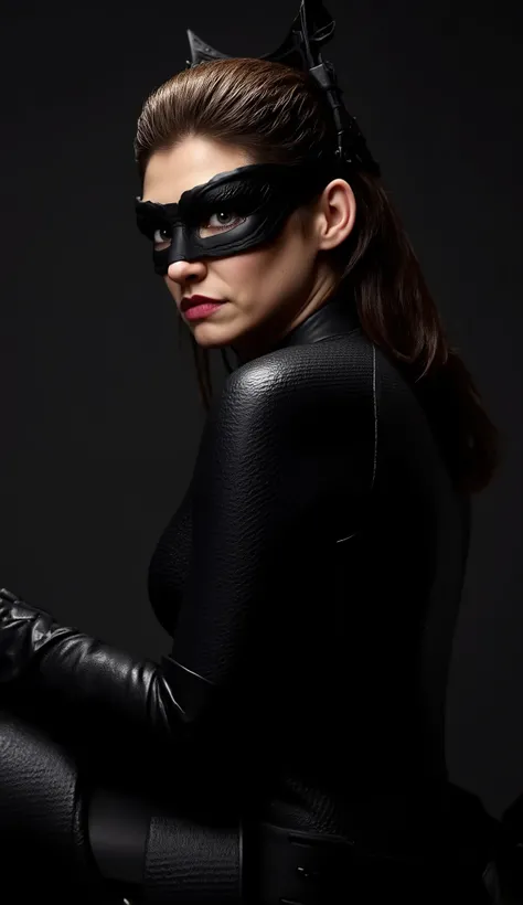 A realistic Lauren Cohan as Catwoman, portrait shot with her black bodysuit outfit and pale skin dramatically illuminated. Cinematic color grading, achieving a photographic realism. 