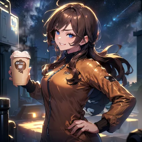 (Upper body, close-up, solo, alone. Delivery coffee. Arms behind back. Anatomically accurate: 1.5) (Coffee delivery man braves the storm and starry sky to deliver a cup of trust and warmth. Countless hearts dance. Coffee jacket, heavy delivery suit, long s...