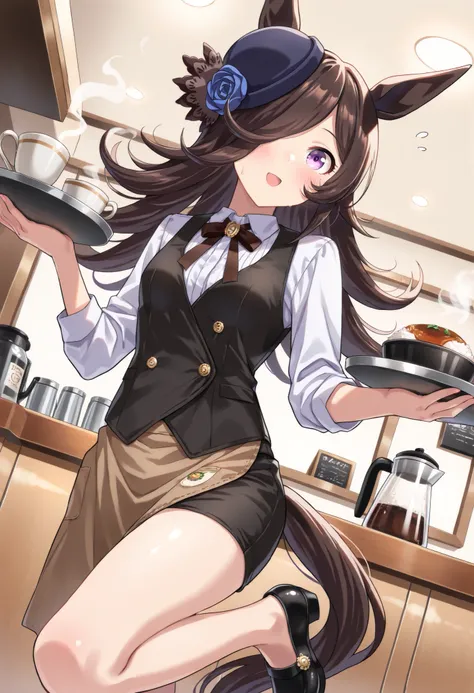 (masterpiece, best quality, perfect face:1.4), wide angle, Rice shower \(umamusume\), brown hair, long hair, purple eyes, bangs, long bangs, long hair, small breasts, hair covering right eye, horse tail, horse ears, ear ornament, (hat), tail on the lower b...