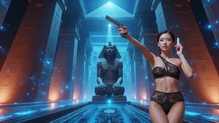 ((photo-realistic)), a sexy large-breast:1.1 Japanese woman, facing camera, cleavage, (((side boob))), hip up, slim face, slim:0.1 body, well-lit face, (((sexy-thigh:1.1, super hot short:0.1 lace transparent dress))), (((aiming with a short:0.1 pistol, bal...