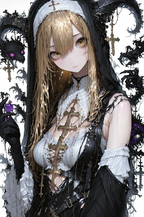 darkness falls girl, ((solo)), (masterpiece, detailed:1.2),  beautiful gold-hair, long hair, beautiful eyes, jeweled eyes, looking viewer, sloping shoulders, play, (medium breast:1.2), centered composition, (Thin and soft loose clothing:1.5), black nun out...