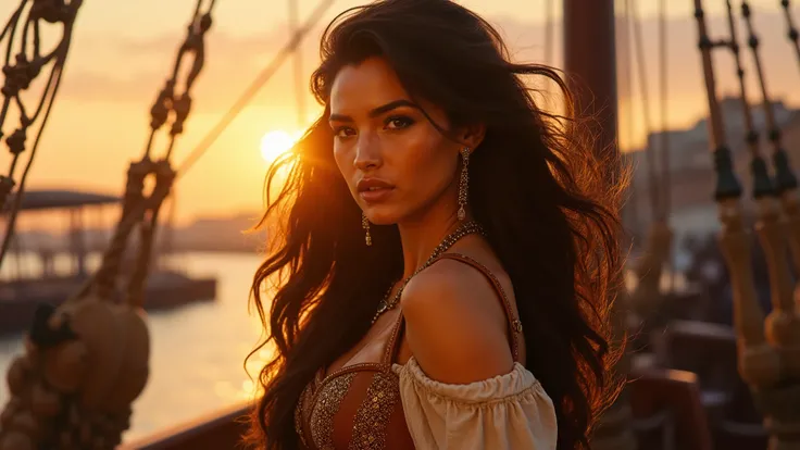 A captivating fantasy woman emerges as a striking pirate. Her bronze sun-kissed skin glows against the vibrant backdrop of a bustling port at sunset, while her golden honey eyes sparkle with mischief, embodying the spirit of adventure. Long, flowing black ...