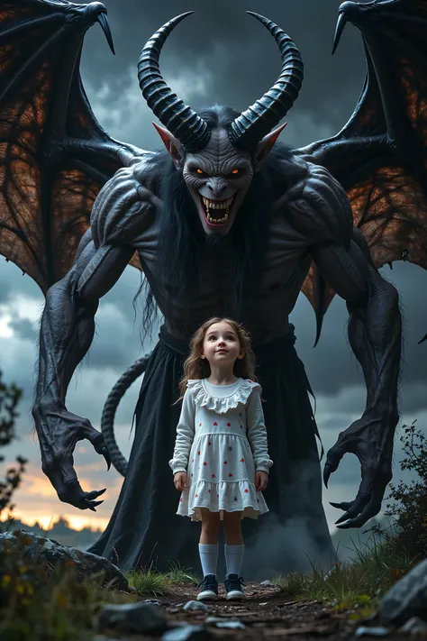 A demon in the form of a large, menacing shadow with long, 4-foot arms looming right behind a carefree young girl who is unaware, with detailed facial features, high detail, 8k, hdr, photorealistic, dynamic lighting, moody, dark fantasy, dramatic atmospher...