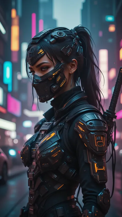 cyberstnr,A mid-20s female cyber-samurai, height 5’7”, with a lean and athletic build designed for agility. Long jet-black hair flowing naturally. One natural dark eye and one glowing cybernetic iris with subtle tracking indicators; a thin scar runs along ...