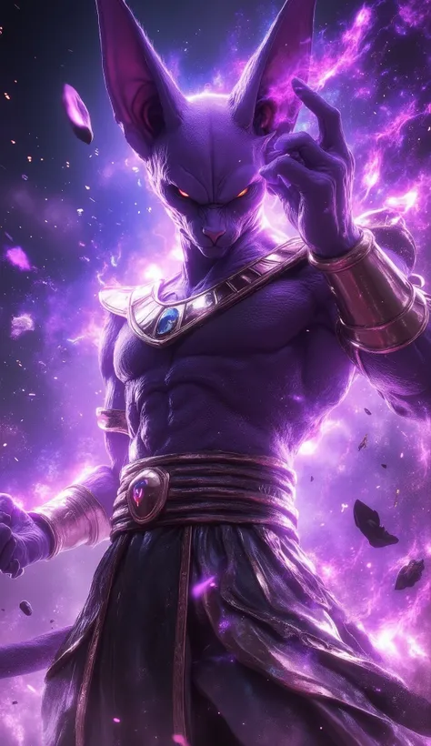 Ultra-realistic 3D render of a humanoid feline god inspired by Beerus from DBZ. Tall, slim, with purple skin, elongated ears, golden eyes with piercing glare. Detailed skin texture, subtle muscle definition, ceremonial Egyptian-style jewelry, floating aura...
