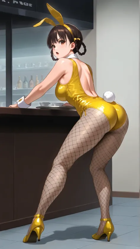 ((((Masterpiece)))), (((( top quality)))), high definition,fine grain, detailed face , ,1girl,,,,, black hair, side braids, twin braids, braided hair rings, (brown eyes,,,,,,beautiful eyes:1.0), bangs,slender,,,,,,,, leifan, ,,,cleavage,,,,yellow bunny...