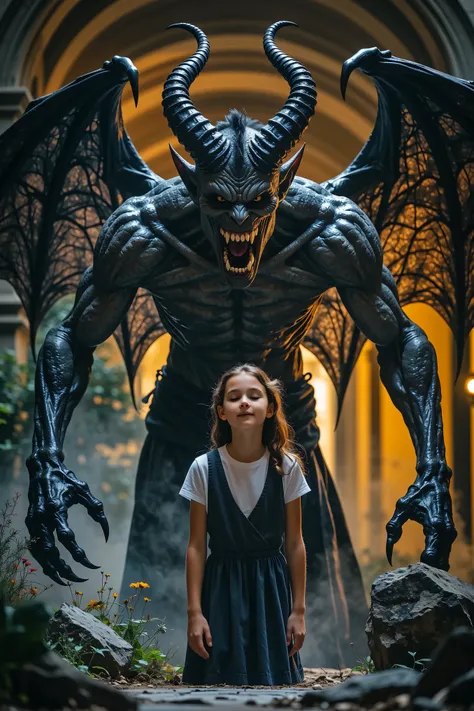 A demon in the form of a large, menacing shadow with long, 4-foot arms looming right behind a carefree young girl who is unaware, with detailed facial features, high detail, 8k, hdr, photorealistic, dynamic lighting, moody, dark fantasy, dramatic atmospher...