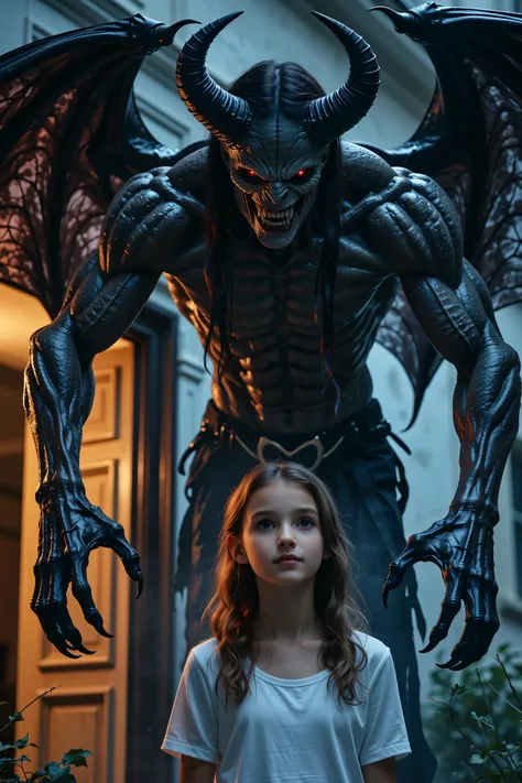 A demon in the form of a large, menacing shadow with long, 4-foot arms looming right behind a carefree young girl who is unaware, with detailed facial features, high detail, 8k, hdr, photorealistic, dynamic lighting, moody, dark fantasy, dramatic atmospher...