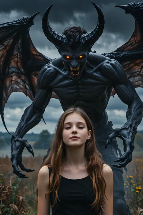 A demon in the form of a large, menacing shadow with long, 4-foot arms looming right behind a carefree young girl who is unaware, with detailed facial features, high detail, 8k, hdr, photorealistic, dynamic lighting, moody, dark fantasy, dramatic atmospher...