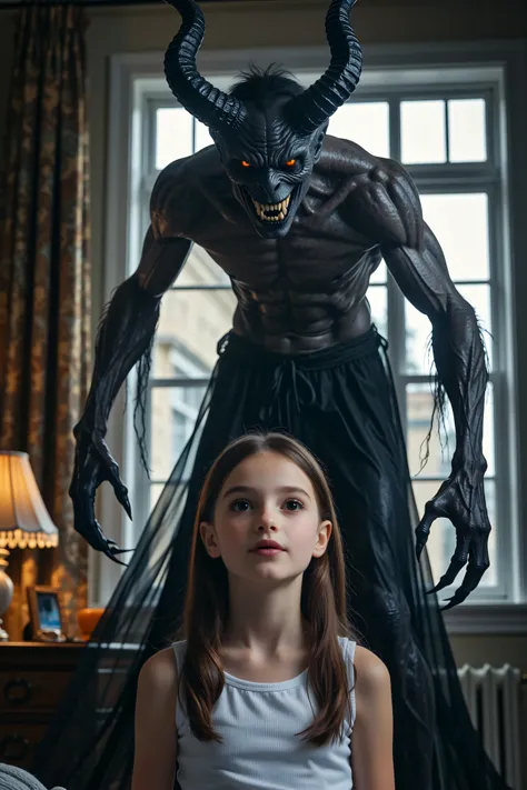 A demon in the form of a large, menacing shadow with long, 4-foot arms looming right behind a carefree young girl who is unaware, with detailed facial features, high detail, 8k, hdr, photorealistic, dynamic lighting, moody, dark fantasy, dramatic atmospher...