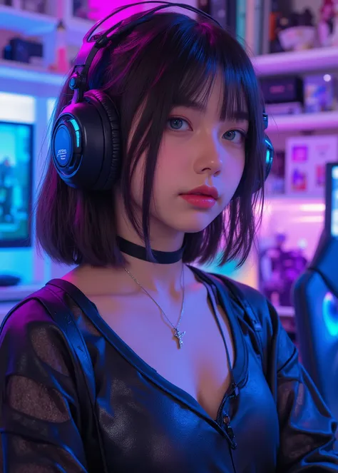 masterpiece, Super High Quality, high definition, realistic photos with detailed cinematic lighting and composition. Hermosa chica gamer retratada de full body, I'm wearing a delicate silver necklace with a、I'm conveying a sense of security and vitality. h...