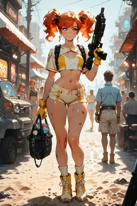 cinematic shot , capturing the beach in the evening. The central figure is a young Asian woman (18 years old) orange hair, medium hair,  Twintails, green eyes, средняя  chest,  full body, at 18+ (adult), in front, dirty paruri, crop top , yellow gloves, bo...