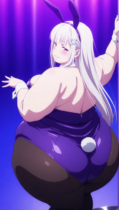 obese,fat,plump,WeightObese,Emilia, purple eyes, white hair, absurd extension, ufotable anime style, (score_9), (score_8_up), anime coloring pages, anime screenshot, anime screenshot, masterpiece, best quality, amazing quality, mature woman, breasts, pole ...