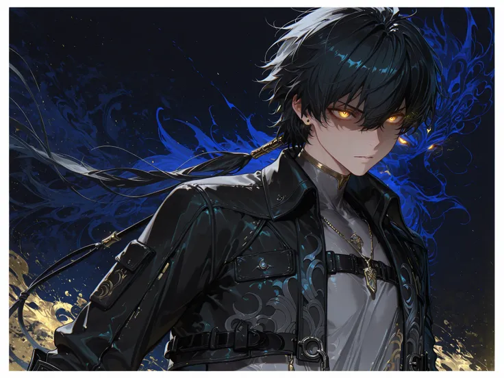 (masterpiece, Highest quality, Official Art:1.2),  mlwuter, 1boy, male focus, solo, yellow eyes, black hair, bangs, hair between eyes, long hair, low ponytail, ring hair extensions, jewerly, earrings,necklace, shirt, grey shirt, jacket, black jacket, open ...