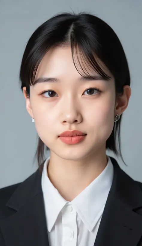 Passport photo of a neat young woman、facing directly、camera list、office lady suit、jacket、shirt、、、ear piercings、前髪あり、、、無表情、、、has closed its mouth、face close-up、grey background
