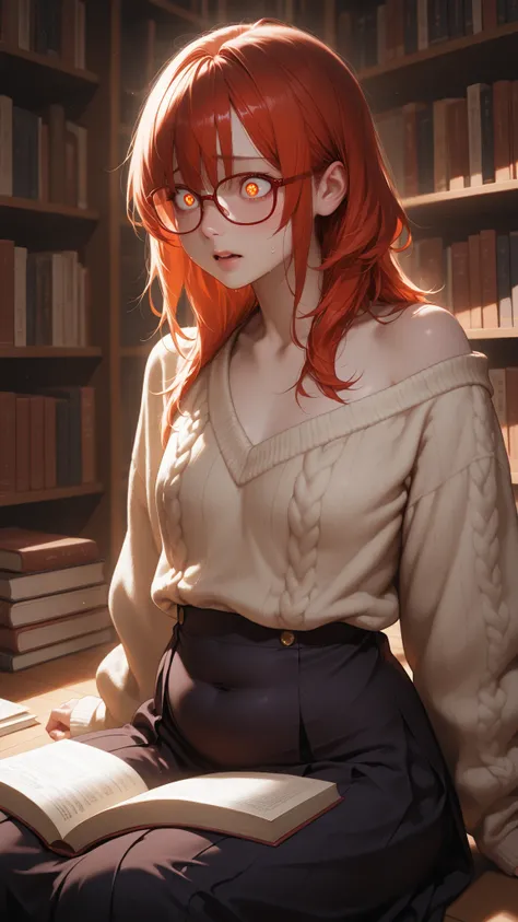 a plump woman,  nervous and shy , Delicate face with red cheeks, big expressive eyes, thick framed glasses, disheveled hair, loose clothing that suggests her curves, large sweater falling off one shoulder, long skirt, sitting in a library surrounded by old...