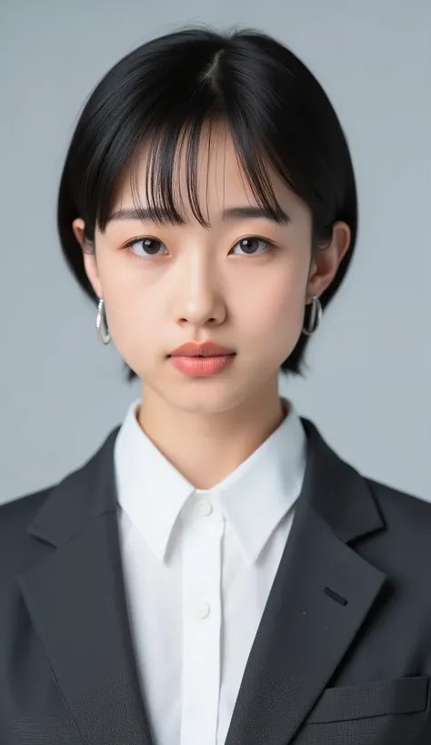 Passport photo of a neat young woman、facing directly、camera list、office lady suit、jacket、shirt、、、ear piercings、前髪あり、、、無表情、、、has closed its mouth、face close-up、grey background
