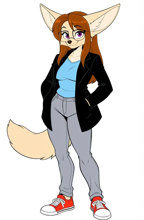 by VivzMind, female, anthro fennec fox, solo), (medium-length straight hair, brown hairs, bangs), purple eyes, (motherly, happy, hands in pockets), (cute, adorable, nerdy, motherly, open and expressive eyes, milf age, eyeglasses), (black coat, grey pants, ...