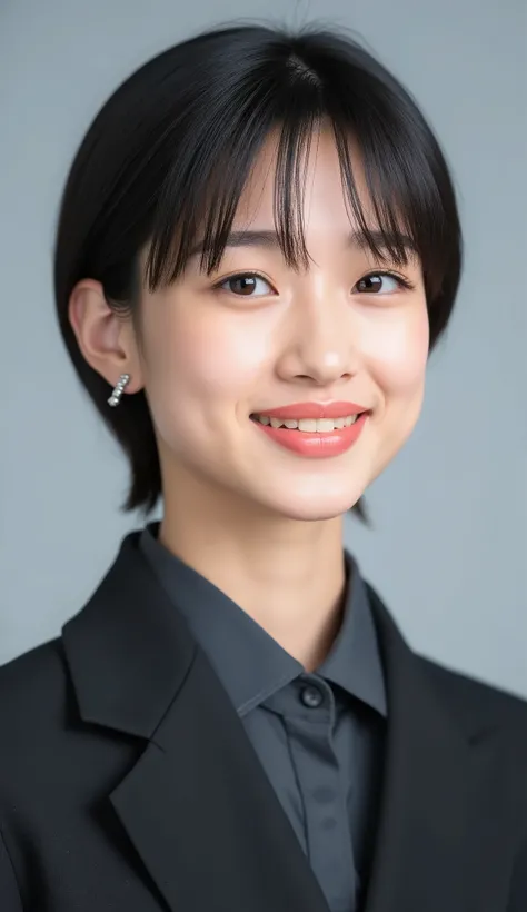 Passport photo of a neat young woman、facing directly、camera list、office lady suit、jacket、shirt、、、ear piercings、前髪あり、、、歯を見せた笑顔、face close-up、grey background
