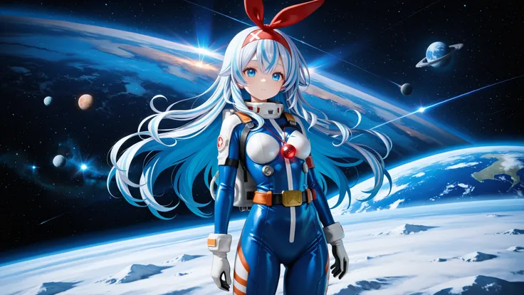 masterpiece, Highest Quality, Amazing Quality, with a perfect face, highest resolution, 8k, anime-style images, (((detailed eyes, Clear eyes))), 1girl, solo, Ryugu Unotsukai Musume, Blue hair, (White two-striped hair), swirling idiot hair, Long Hair, large...