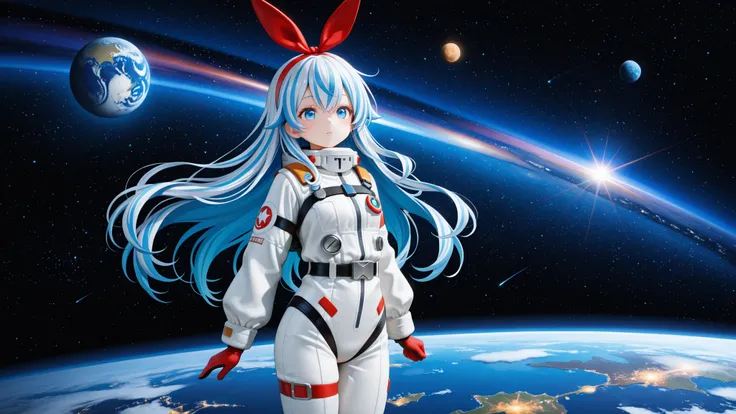 masterpiece, Highest Quality, Amazing Quality, with a perfect face, highest resolution, 8k, anime-style images, (((detailed eyes, Clear eyes))), 1girl, solo, Ryugu Unotsukai Musume, Blue hair, (White two-striped hair), swirling idiot hair, Long Hair, large...