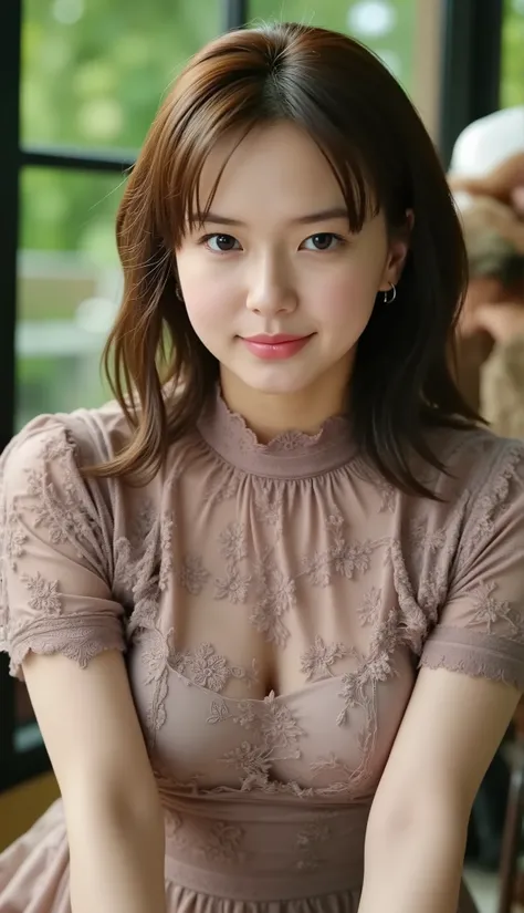 (masterpiece, ultra high res, photorealistic:1.4), 8k, RAW photo, detailed shadow, best quality, finely detail, sharp focus, (three-quarter-length front view of a woman:1.8), ((wear a sexy cutwork lace costume exposing pretty nipples:1.4)), ((Tabletop:1.4,...