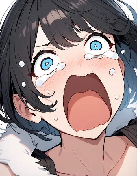 nsfw,1girl,face shot,black hair,short hair,wolf hair,,blue eyes,looking at viewer, aquascreaming, screaming, open mouth, crying with eyes open , high quality,high detailed,masterpiece,4k