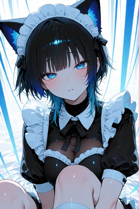 top quality、ultimate detail、1 Girl、boyish shorts、Black hair main、blue highlights on the bangs、boyish hair、cat ears、blue mesh on the side、wolf cut、short layered、tingling texture、thread、tight bang、fur tip jaggy、blue and black gradation、bright sapphire blue e...