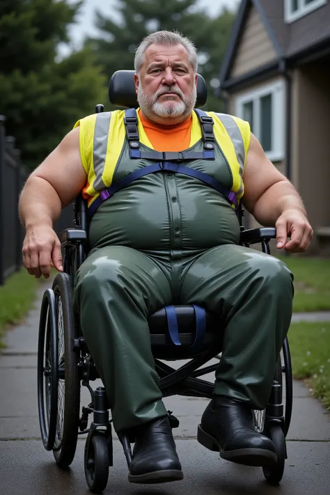 a 84 year old elderly musclebear with gray hair and a long beard, 300 pounds, heavy belly thick arms heavy thighs, wearing a high visibility yellow and orange work vest with silver high visibility stripes with light dust and grime stains, wearing green lat...
