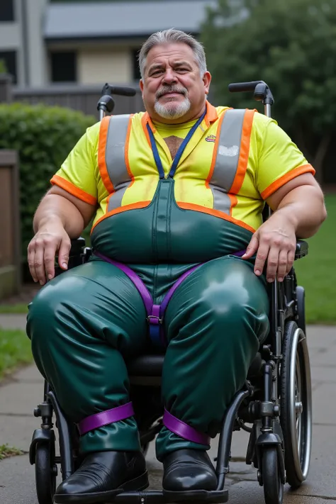a 84 year old elderly musclebear with gray hair and a long beard, 300 pounds, heavy belly thick arms heavy thighs, wearing a high visibility yellow and orange work vest with silver high visibility stripes with light dust and grime stains, wearing green lat...