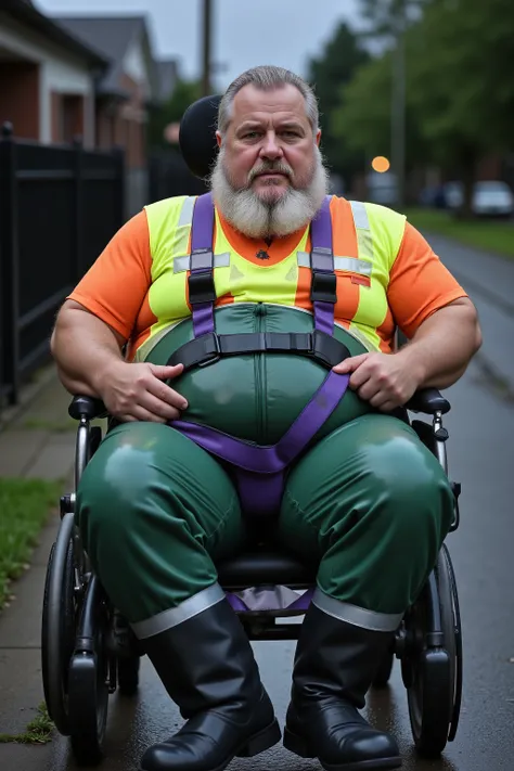 a 84 year old elderly musclebear with gray hair and a long beard, 300 pounds, heavy belly thick arms heavy thighs, wearing a high visibility yellow and orange work vest with silver high visibility stripes with light dust and grime stains, wearing green lat...