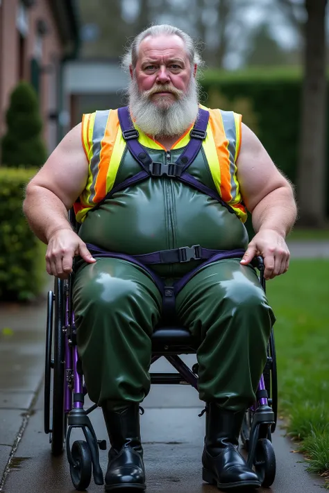a 84 year old elderly musclebear with gray hair and a long beard, 300 pounds, heavy belly thick arms heavy thighs, wearing a high visibility yellow and orange work vest with silver high visibility stripes with light dust and grime stains, wearing green lat...