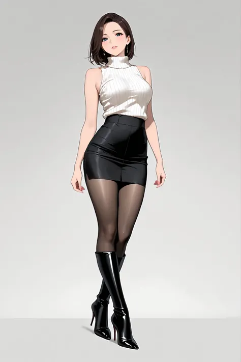  (inspired by ),(masterpiece, best quality),beautiful-woman, ((detailed face)),((detailed body)),(full body:1.3).

The woman is wearing sleeveless turtleneck sweater and pencil-skirt with pantyhose ,((black knee-length-boots with high-heels :1.5.)),