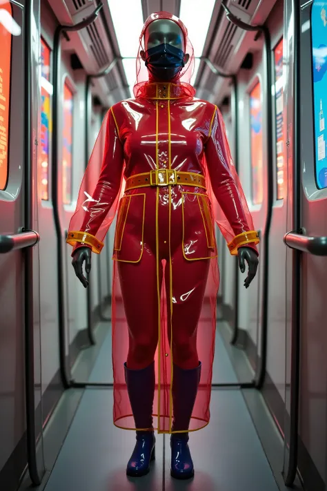 a wide angle image of a 34 year old woman with moderate obesity, thick arms, medium belly, thick thighs, wearing an all black rubber latex face mask, wearing a red rubber gown with white rubber fleur de lis detail, the gown has gold details at the legs and...