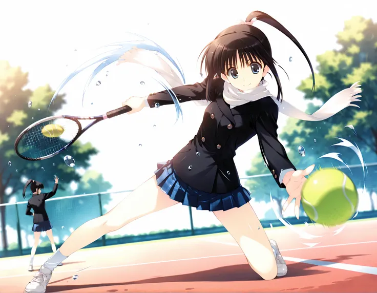 masterpiece,best quality,good quality,newest, outdoors,day, smile, looking at viewer, solo, anime coloring, sugiura_koharu\(white_album_2\),1girl,black hair,ponytail,hair ribbon,blue eyes, white scarf,black jacket,double-breasted, plaid_skirt,pleated_skir...