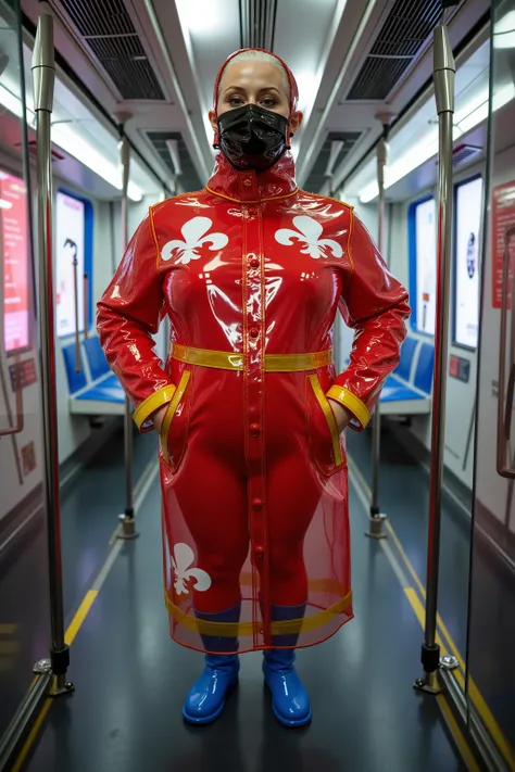 a wide angle image of a 34 year old woman with moderate obesity, thick arms, medium belly, thick thighs, wearing an all black rubber latex face mask, wearing a red rubber gown with white rubber fleur de lis detail, the gown has gold details at the legs and...