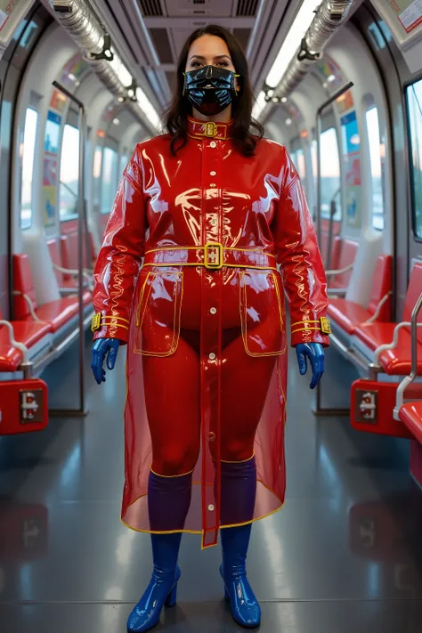 a wide angle image of a 34 year old woman with moderate obesity, thick arms, medium belly, thick thighs, wearing an all black rubber latex face mask, wearing a red rubber gown with white rubber fleur de lis detail, the gown has gold details at the legs and...