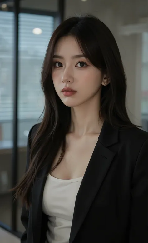 masterpiece, top quality, Realistic, An office worker's day, Professional Woman Standing Confidently by an Office Window, Professional Woman Standing Confidently by the Office Window, business suit worn directly over skin、White bra on skin, The RGB lightin...