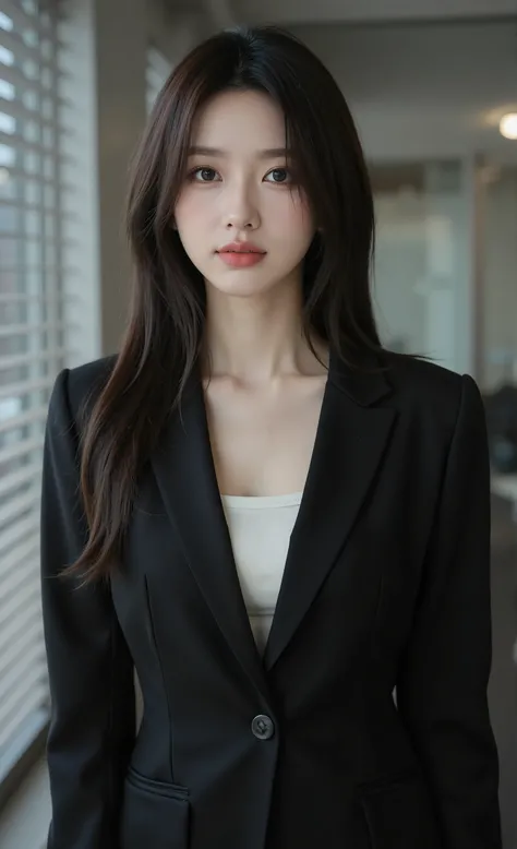 masterpiece, top quality, Realistic, An office worker's day, Professional Woman Standing Confidently by an Office Window, Professional Woman Standing Confidently by the Office Window, business suit worn directly over skin、White bra on skin, The RGB lightin...